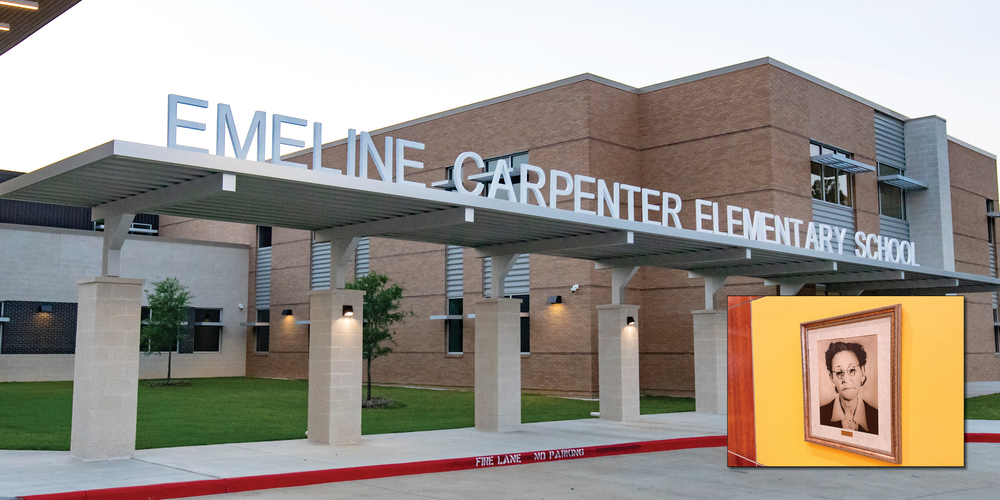 Photograph of Emeline Carpenter Elementary; inset is the portrait in the entryway of Ms. Carpenter